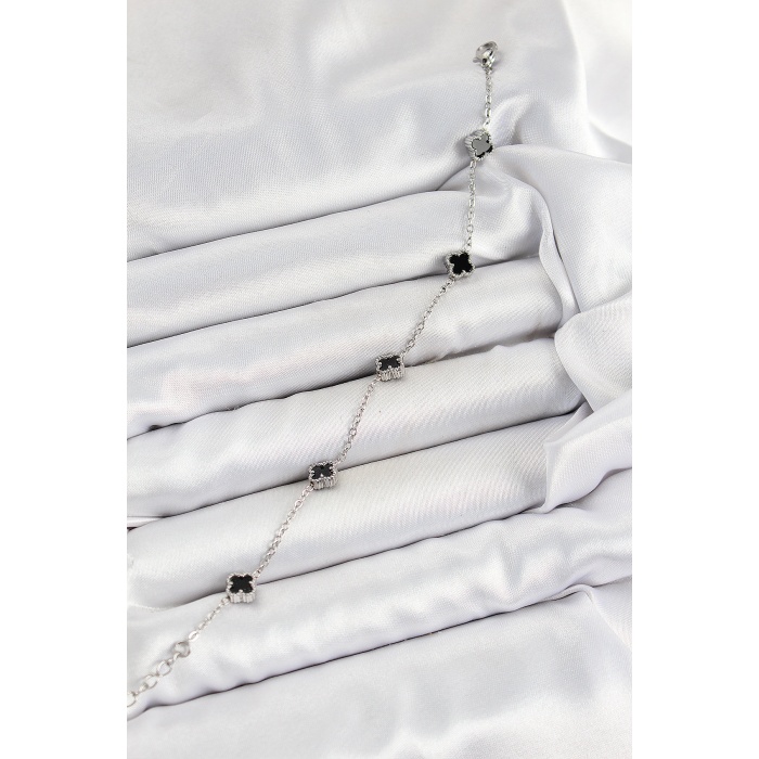 316L Çelik Siyah Sedef Yonca Model Gümüş Renk Kadın Bileklik - Lisinya