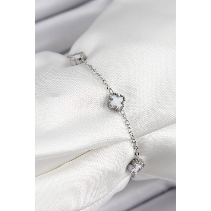 316L Çelik Beyaz Sedef Yonca Model Gümüş Renk Kadın Bileklik - Lisinya