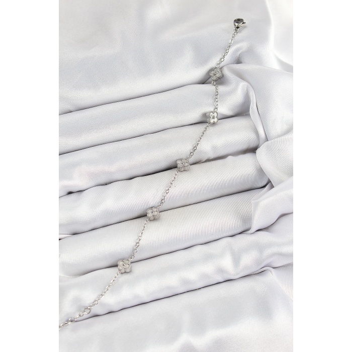 316L Çelik Yonca Model Gümüş Renk Kadın Bileklik - Lisinya