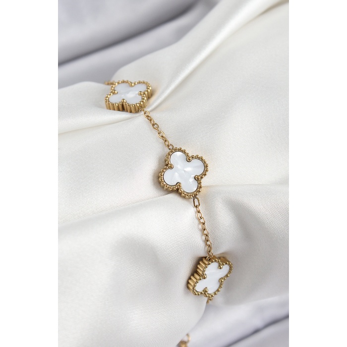 316L Çelik Beyaz Sedef Yonca Model Gold Renk Kadın Bileklik - Lisinya