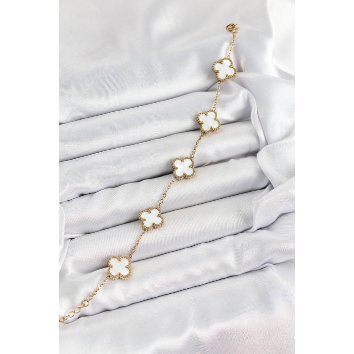 316L Çelik Beyaz Sedef Yonca Model Gold Renk Kadın Bileklik - Lisinya