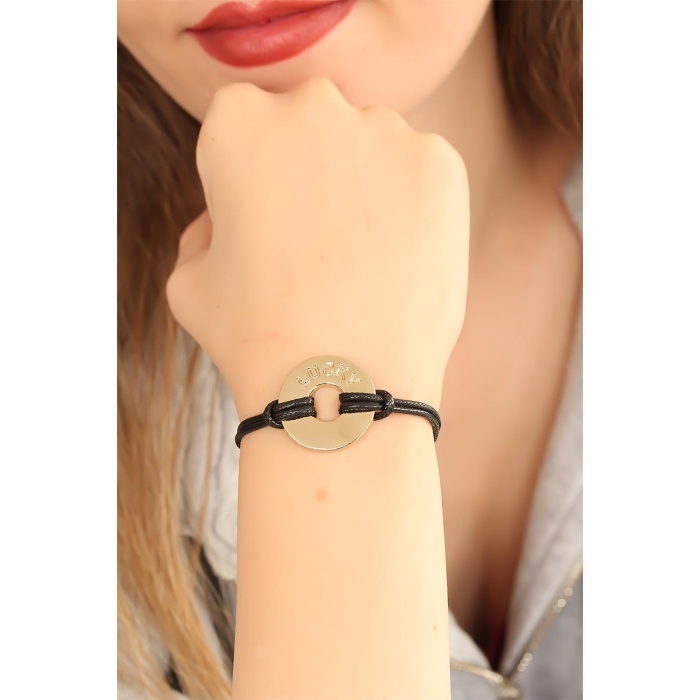 LUCKY (Şanslı) Siyah Deri İpli Unisex Mood Bileklik - Lisinya