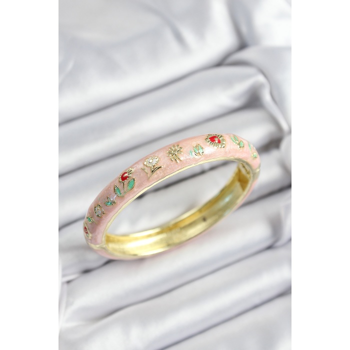 Mineli Pirinç Pembe Çiçek Motifli Gold Renk Kadın Kelepçe - Lisinya