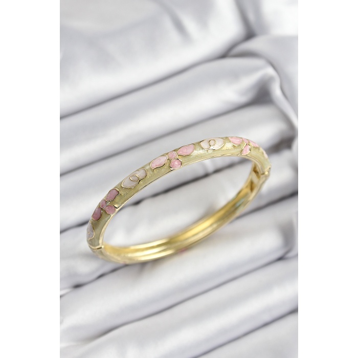 Mineli Pirinç Pembe Hardal Ve Krem Çiçek Motifli Gold Renk Kadın Kelepçe - Lisinya