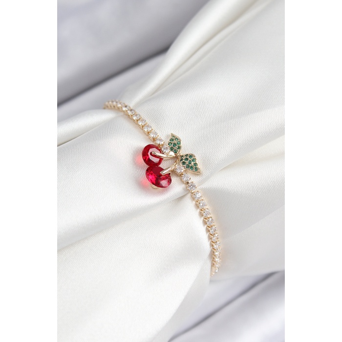 Pirinç Zirkon Taşlı Kiraz Model Gold Renk Asansörlü Kadın Bileklik - Lisinya