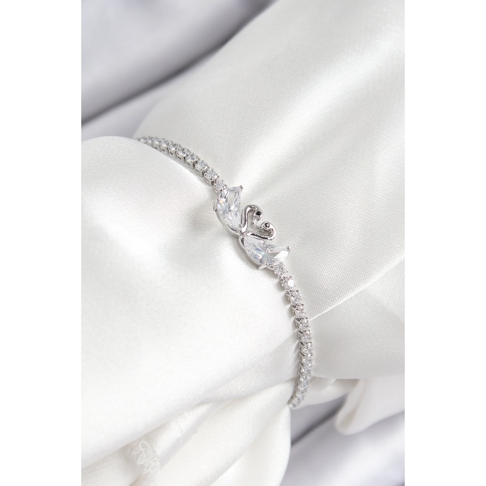 Pirinç Zirkon Taşlı Kuğu Model Gümüş Renk Asansörlü Kadın Bileklik - Lisinya