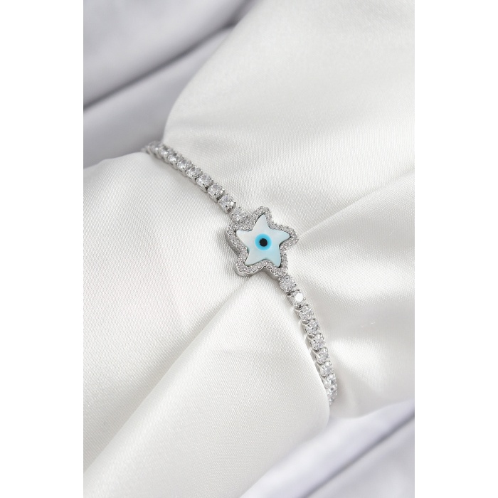 Pirinç Zirkon Taşlı Nazar Yıldız Model Gümüş Renk Asansörlü Kadın Bileklik - Lisinya