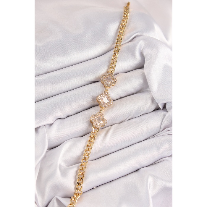 Pirinç Zirkon Taşlı Yonca Model Gold Renk Kadın Bileklik - Lisinya