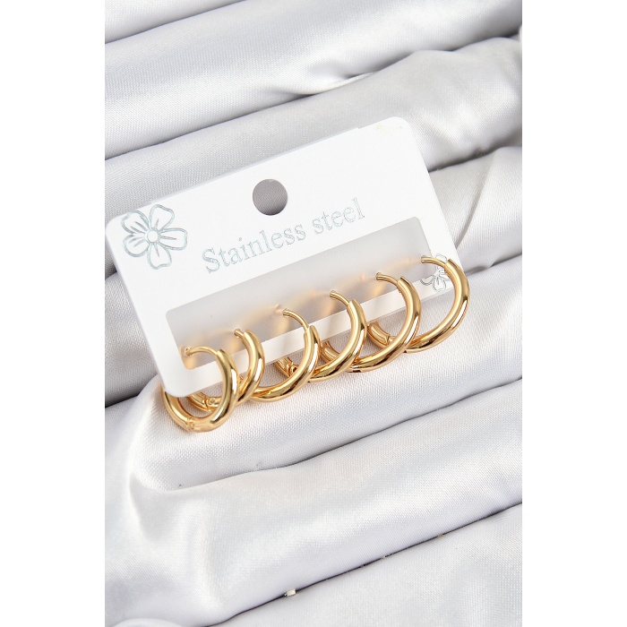 316L Çelik Halka Model Gold Renk 3lü Set Kadın Küpe - Lisinya
