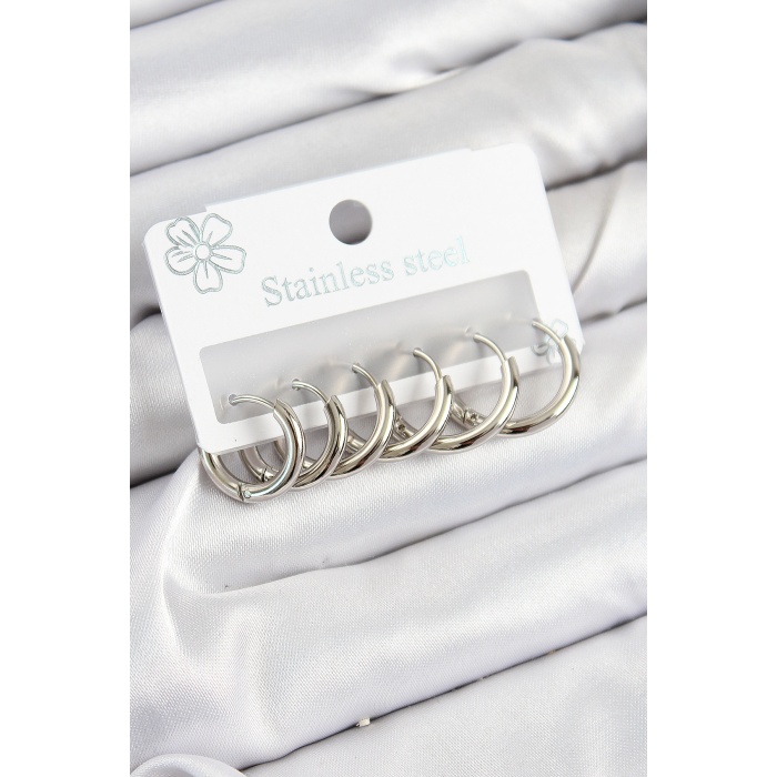 316L Çelik Halka Model Gümüş Renk 3lü Set Kadın Küpe - Lisinya