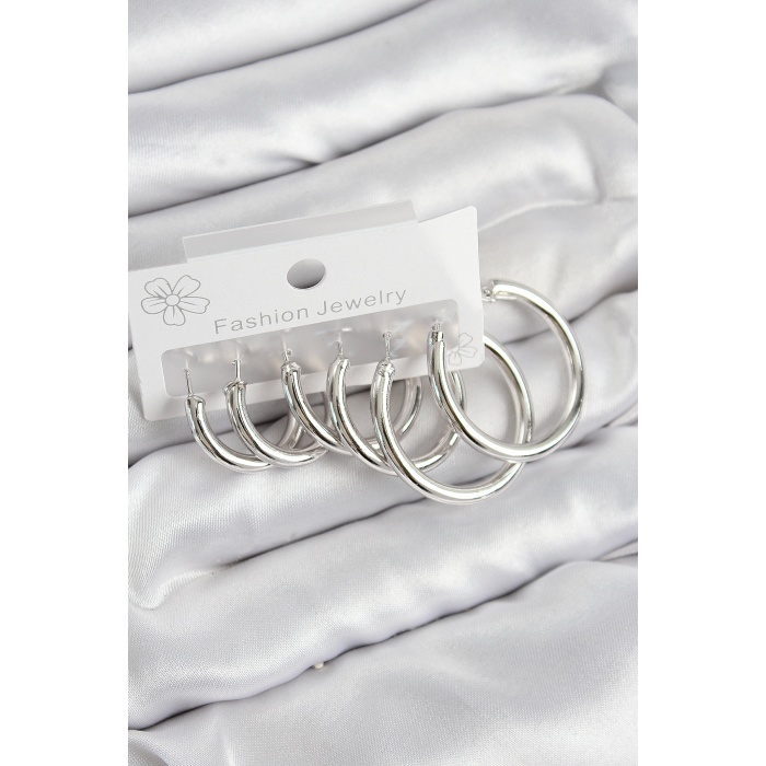 Pirinç Halka Model Gümüş Renk Kadın Set Küpe - Lisinya