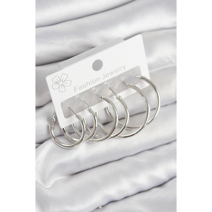 Pirinç Halka Model Gümüş Renk Kadın Set Küpe - Lisinya