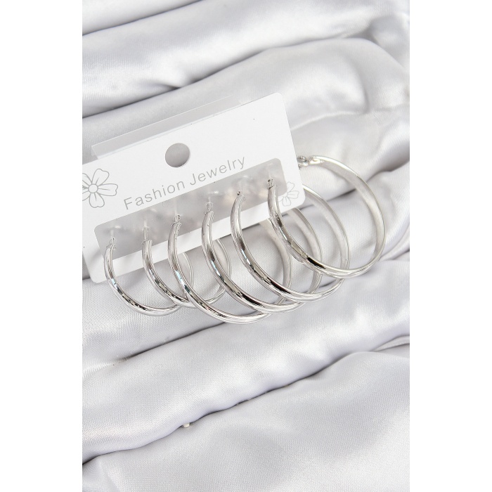 Pirinç Halka Model Gümüş Renk Kadın Set Küpe - Lisinya