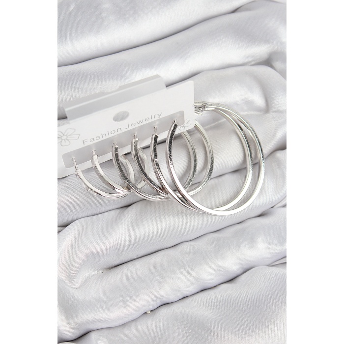 Pirinç Halka Model Gümüş Renk Kadın Set Küpe - Lisinya