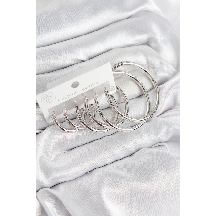 Pirinç Halka Model Gümüş Renk Kadın Set Küpe - Lisinya