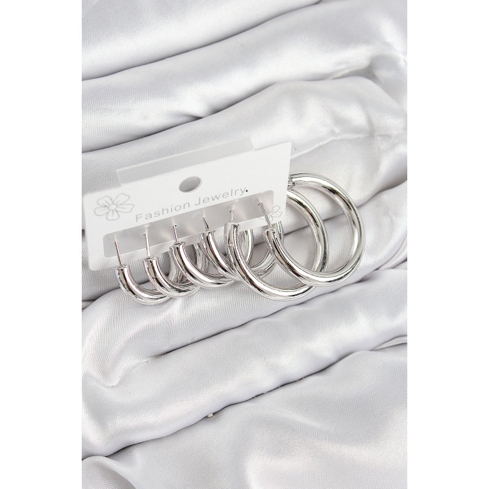 Pirinç Halka Model Gümüş Renk Kadın Set Küpe - Lisinya