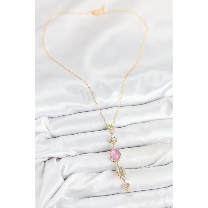 Pirinç Zincir Pembe Gold Renk Zirkon Taşlı Y Kolye - Lisinya