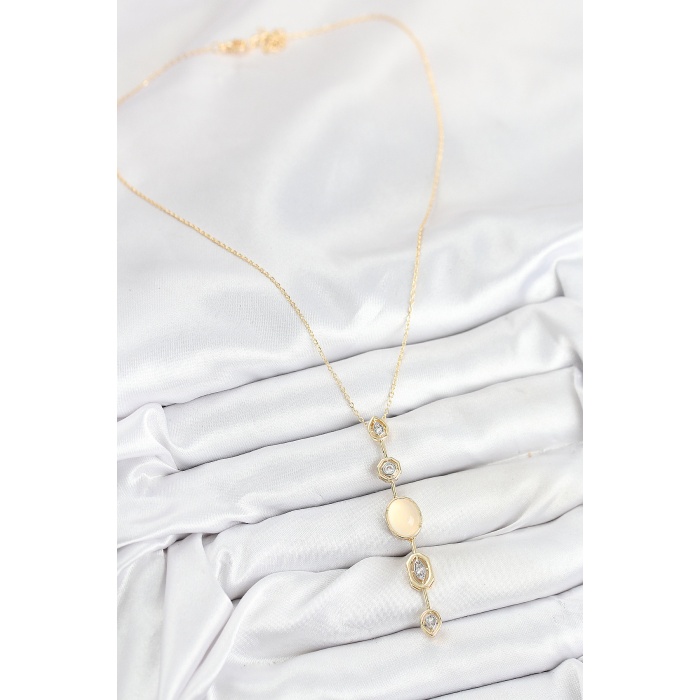 Pirinç Zincir Sarı Gold Renk Zirkon Taşlı Y Kolye - Lisinya