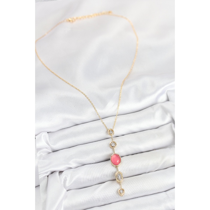 Pirinç Zincir Pembe Gold Renk Zirkon Taşlı Y Kolye - Lisinya