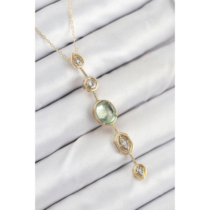 Pirinç Zincir Yeşil Gold Renk Zirkon Taşlı Y Kolye - Lisinya