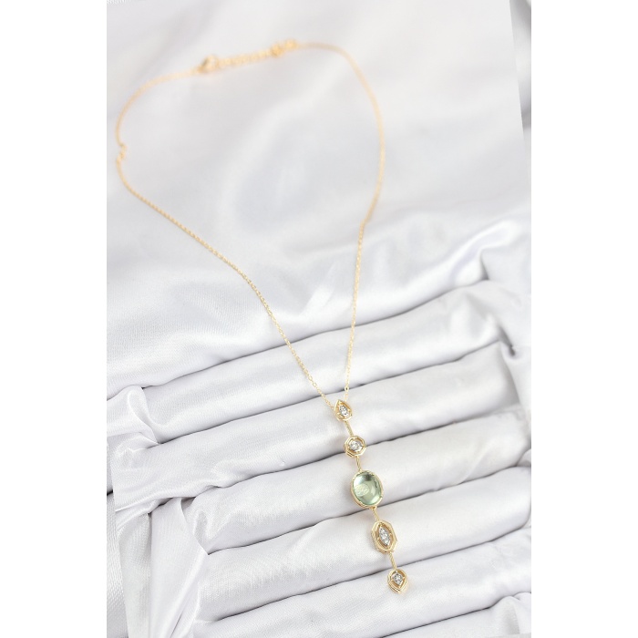 Pirinç Zincir Yeşil Gold Renk Zirkon Taşlı Y Kolye - Lisinya