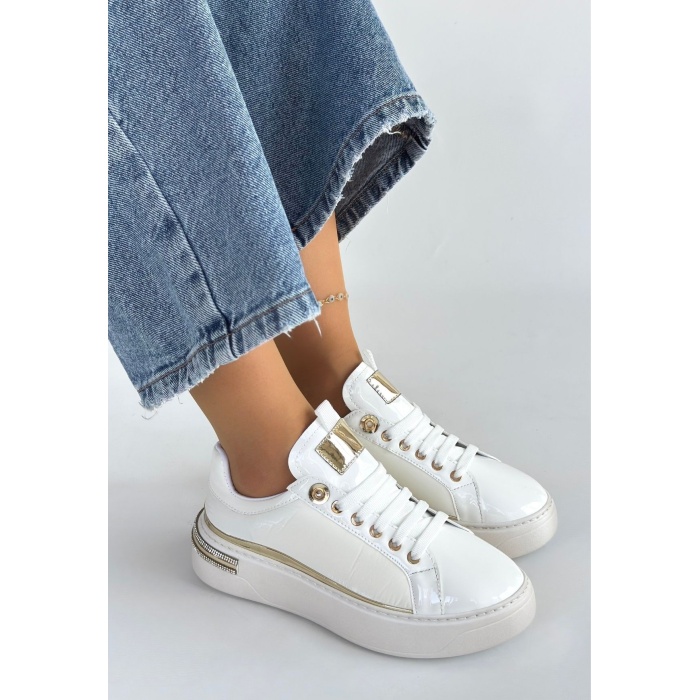 Hley Beyaz Rugan Paraşüt Detaylı Bağcıklı Spor Ayakkabı - Lisinya