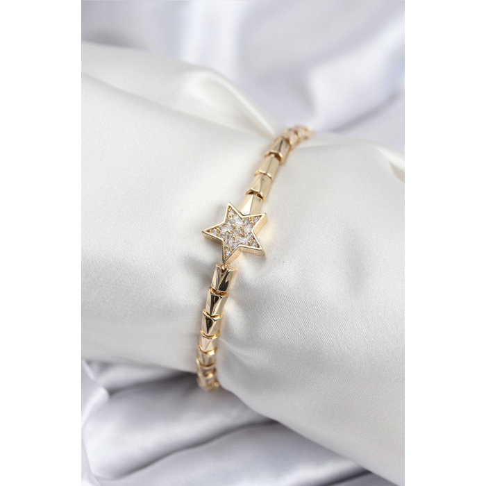 Pirinç VIP Seri Gold Renk Zirkon Taşlı Yıldız Model Kadın Bileklik - Lisinya