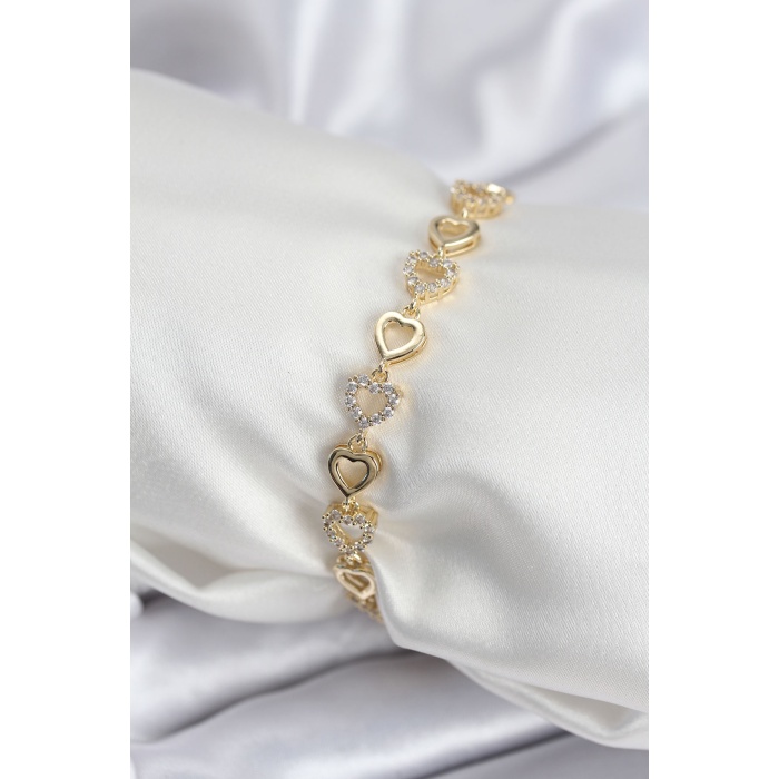 Pirinç VIP Seri Gold Renk Sıralı Kalp Model Kadın Bileklik - Lisinya