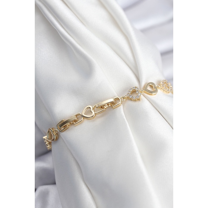 Pirinç VIP Seri Gold Renk Sıralı Kalp Model Kadın Bileklik - Lisinya