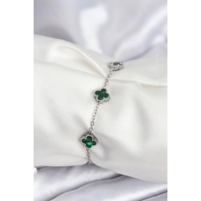 316L Çelik Gümüş Renk Yeşil Baby Boy Yonca Kadın Bileklik - Lisinya