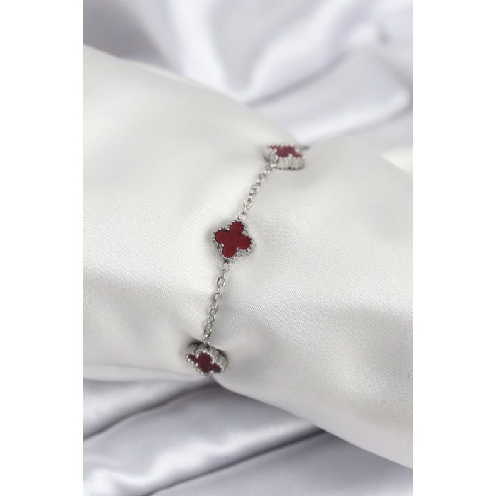 316L Çelik Gümüş Renk Bordo Baby Boy Yonca Kadın Bileklik - Lisinya