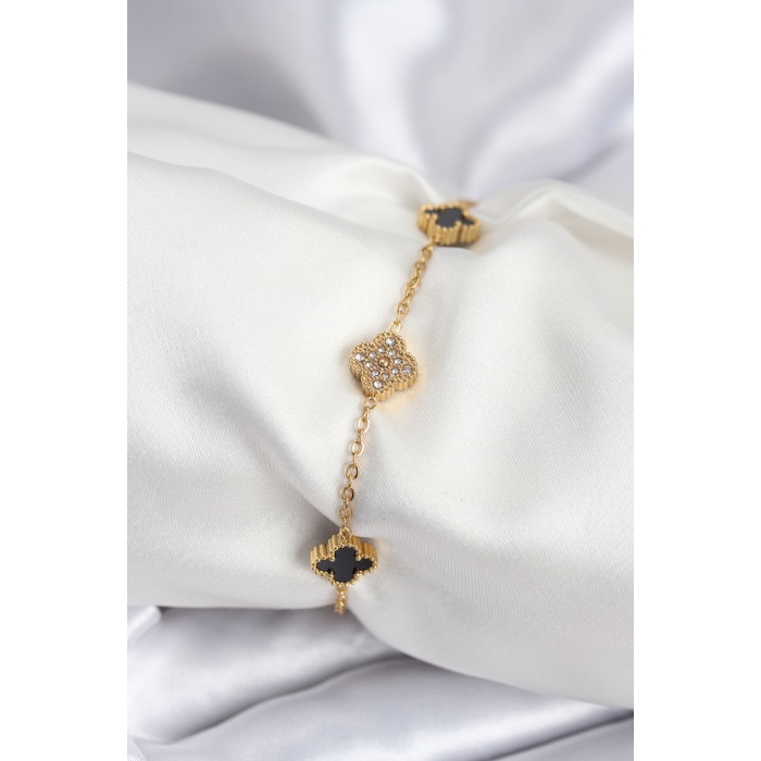316L Çelik Gold Renk Siyah ve Zirkon Taşlı Baby Boy Yonca Kadın Bileklik - Lisinya