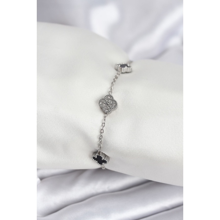 316L Çelik Gümüş Renk Siyah ve Zirkon Taşlı Baby Boy Yonca Kadın Bileklik - Lisinya