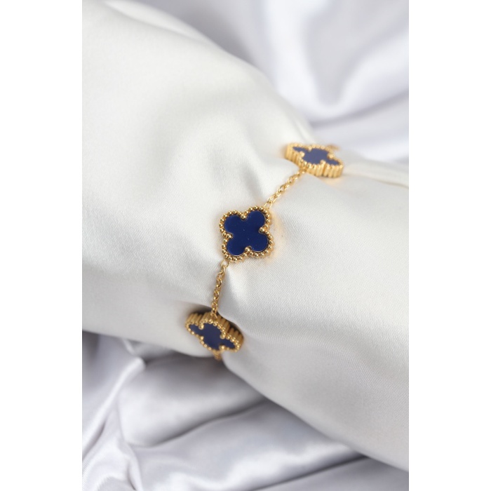 316L Çelik Zincir Gold Renk Lacivert Yonca Kadın Bileklik - Lisinya