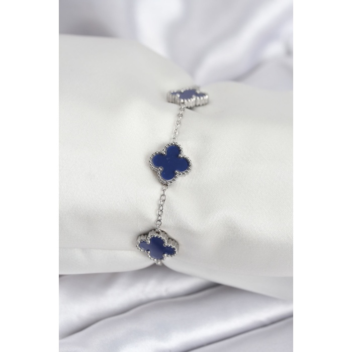 316L Çelik Zincir Gümüş Renk Lacivert Yonca Kadın Bileklik - Lisinya