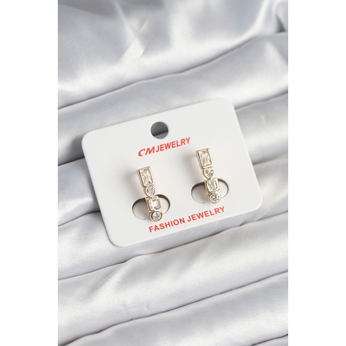 Pirinç Gold Renk Zirkon Taşlı Vintage Kadın Küpe - Lisinya