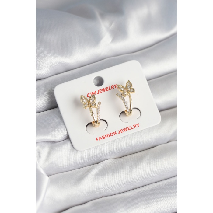 Pirinç Gold Renk Zirkon Taşlı Kelebek Model Kadın Küpe - Lisinya