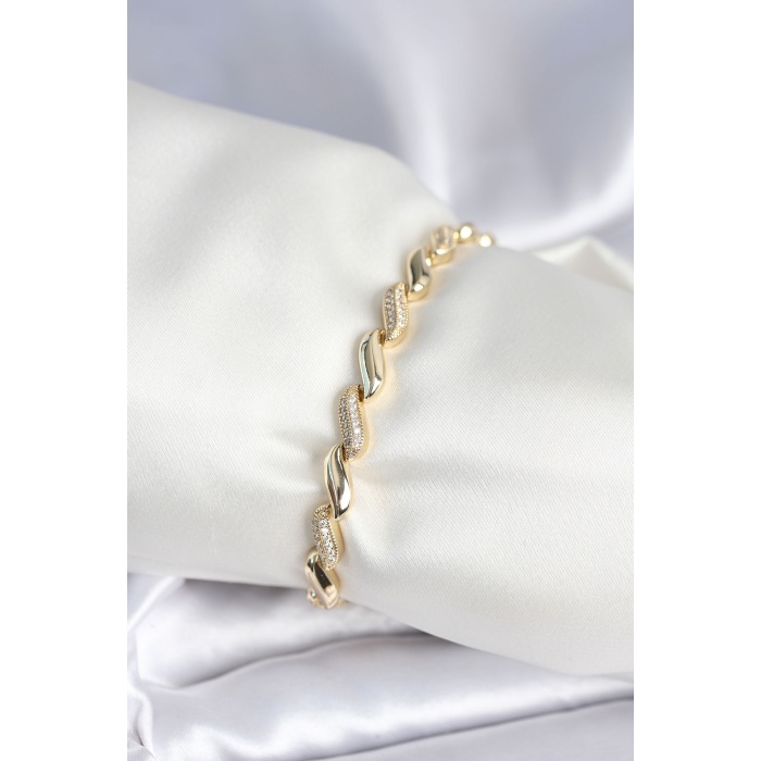 Pirinç Gold Renk Zirkon Taşlı Sarmal Model Kadın Bileklik - Lisinya
