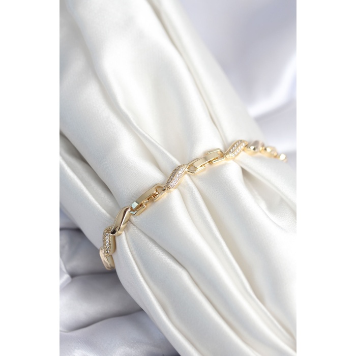 Pirinç Gold Renk Zirkon Taşlı Sarmal Model Kadın Bileklik - Lisinya