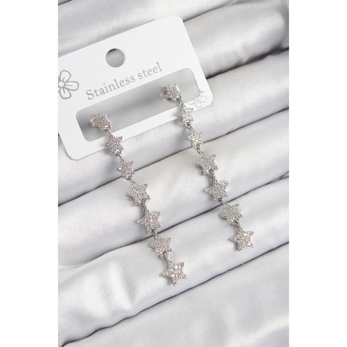 Pirinç Zirkon Taşlı Sallantılı Yıldız Model Gümüş Renk Kadın Küpe - Lisinya