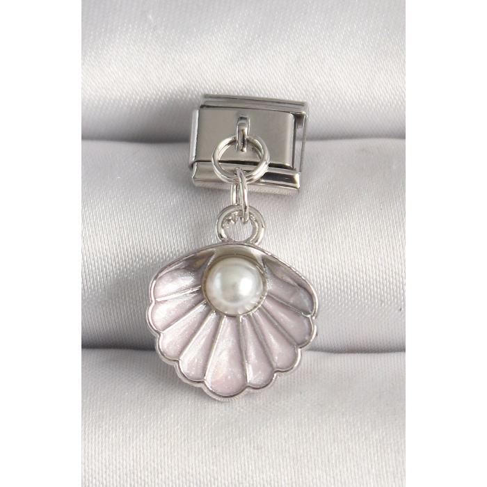 316L Çelik Gümüş Renk Pembe Deniz Kabuğu Model İnci Detay Nomination Charm - Lisinya