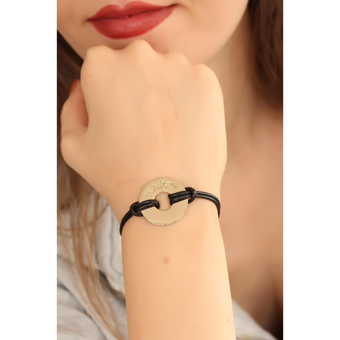 HAPPY (Mutlu) Siyah Deri İpli Unisex Mood Bileklik - Lisinya