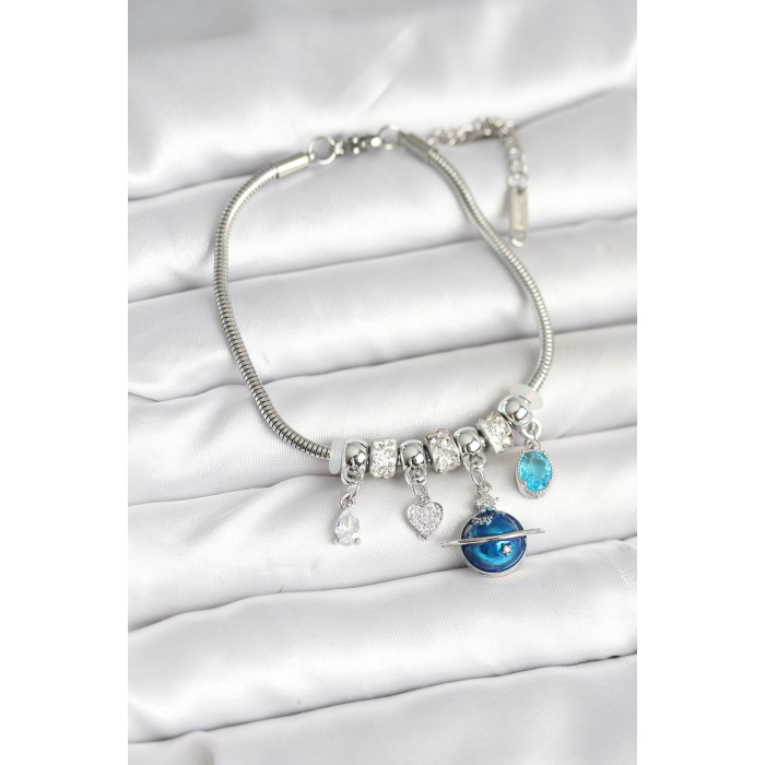 Pirinç Gümüş Renk Dünya Charmlı Kadın Bileklik - Lisinya