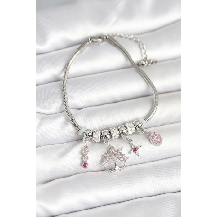 Pirinç Gümüş Renk Yaşam Ağacı Charmlı Kadın Bileklik - Lisinya