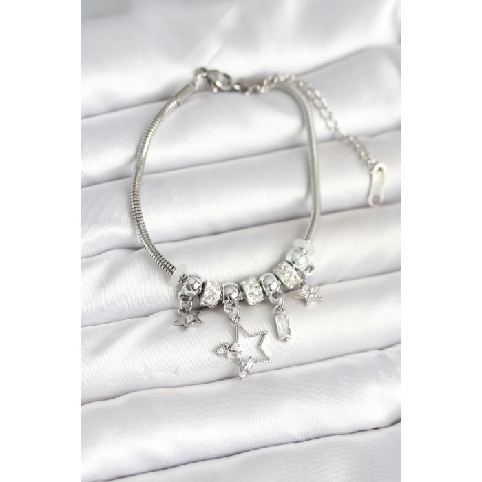 Pirinç Gümüş Renk Yıldız Charmlı Kadın Bileklik - Lisinya