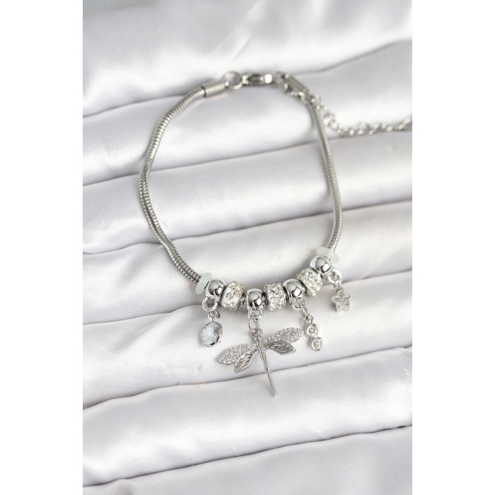 Pirinç Gümüş Renk Yusufçuk Charmlı Kadın Bileklik - Lisinya