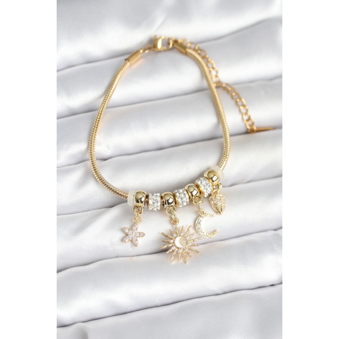 Pirinç Gold Renk Ay ve Güneş Charmlı Kadın Bileklik - Lisinya