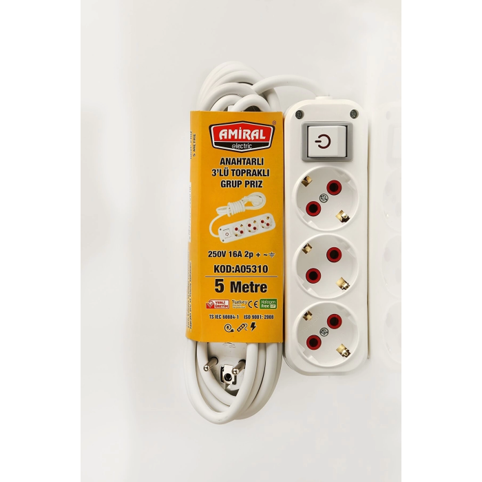 Amiral 3 Lü Topraklı Anahtarlı 5 Metre Kablolu Grup Priz ( Lisinya )