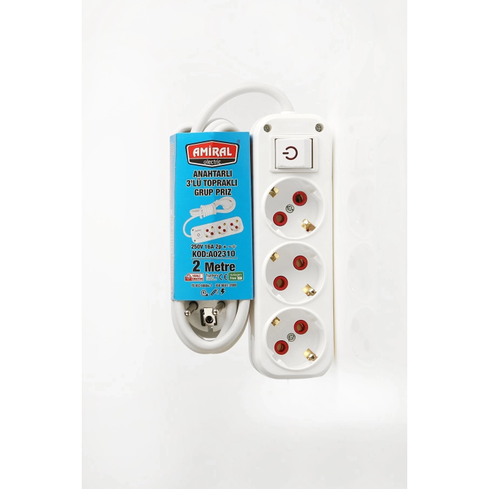 Amiral 3 Lü Topraklı Anahtarlı 2 Metre Kablolu Grup Priz ( Lisinya )