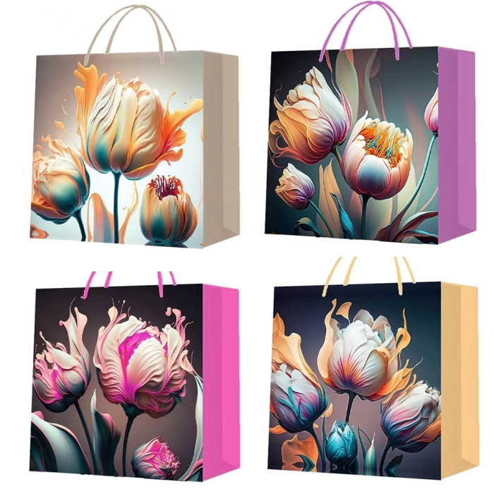 Büyük Boy Lale Desenli Karton Hediye Çantası ( Lisinya )